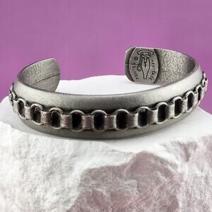 Heritage Pewter Chain Link Design Textured Open Cuff Bracelet Statement